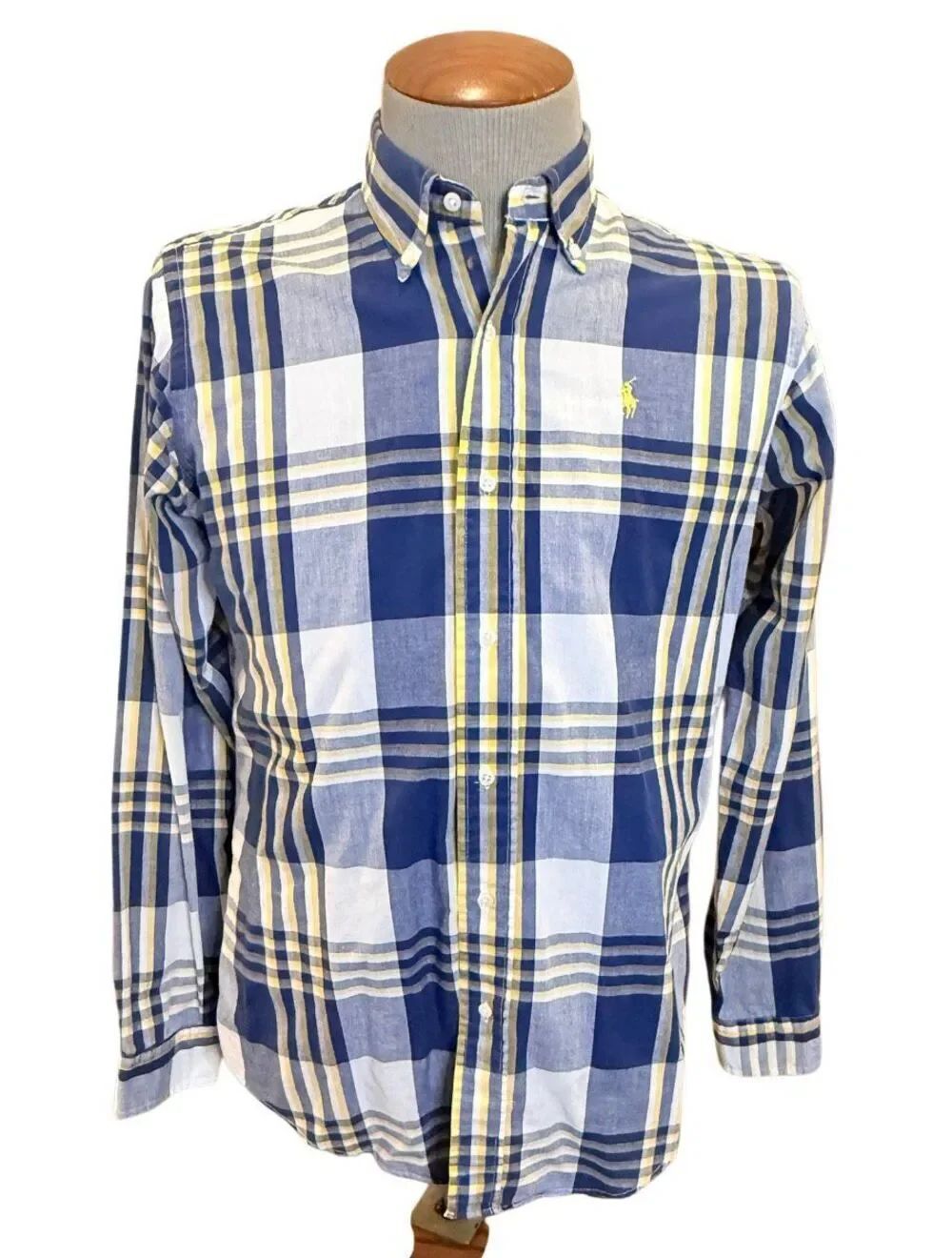 Polo Ralph Lauren Plaid Button-Down Shirt Blue/White/Yellow Large Preppy Academ